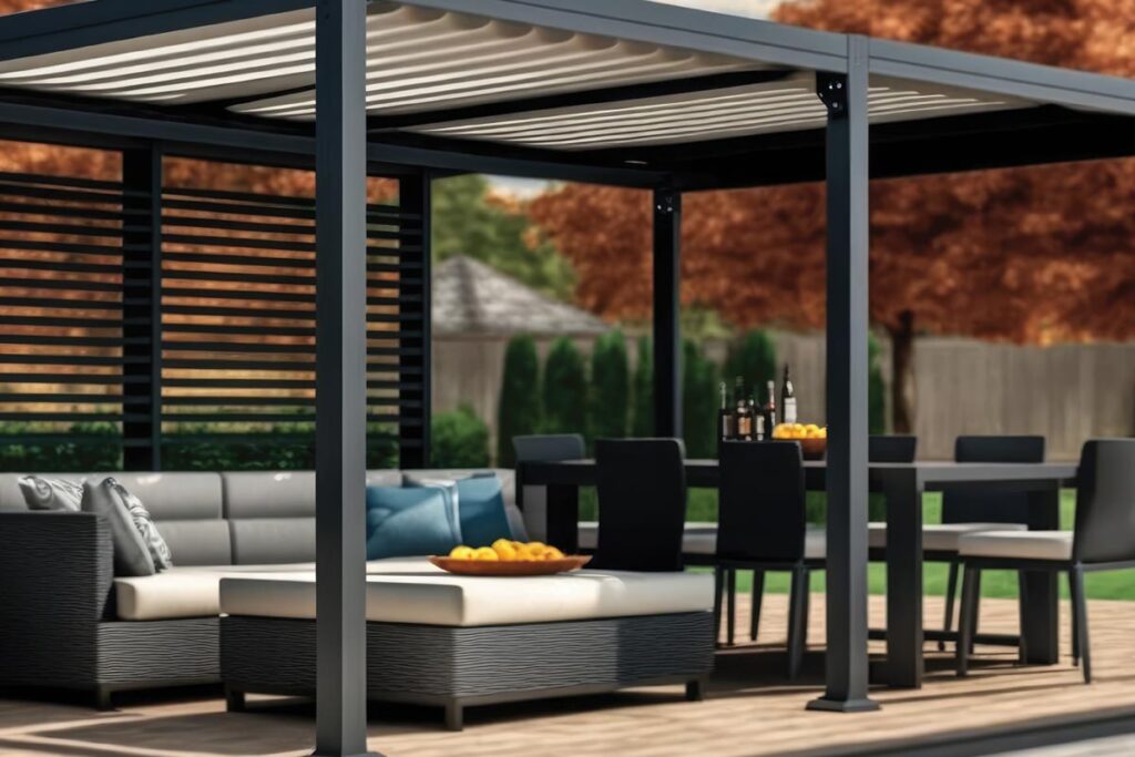 aluminij pergola u dvorištu, sa stolom i stolicama za sedenje i ugaonom garniturom