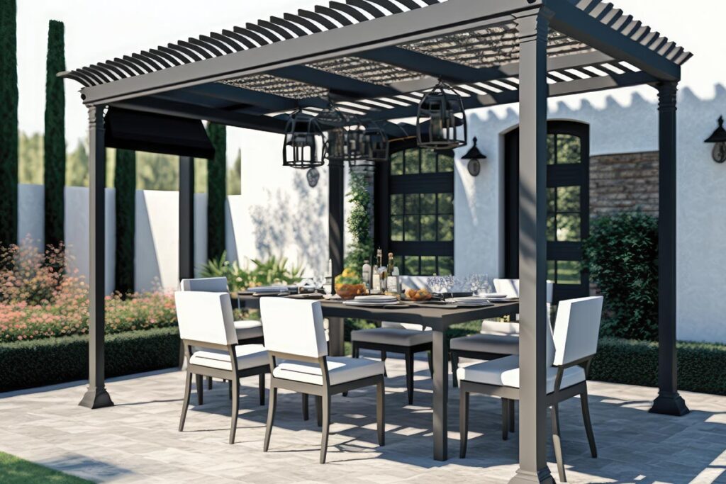 otvorena aluminij pergola u dvorištu pored doma, sa stolomi stolicama za sedenje